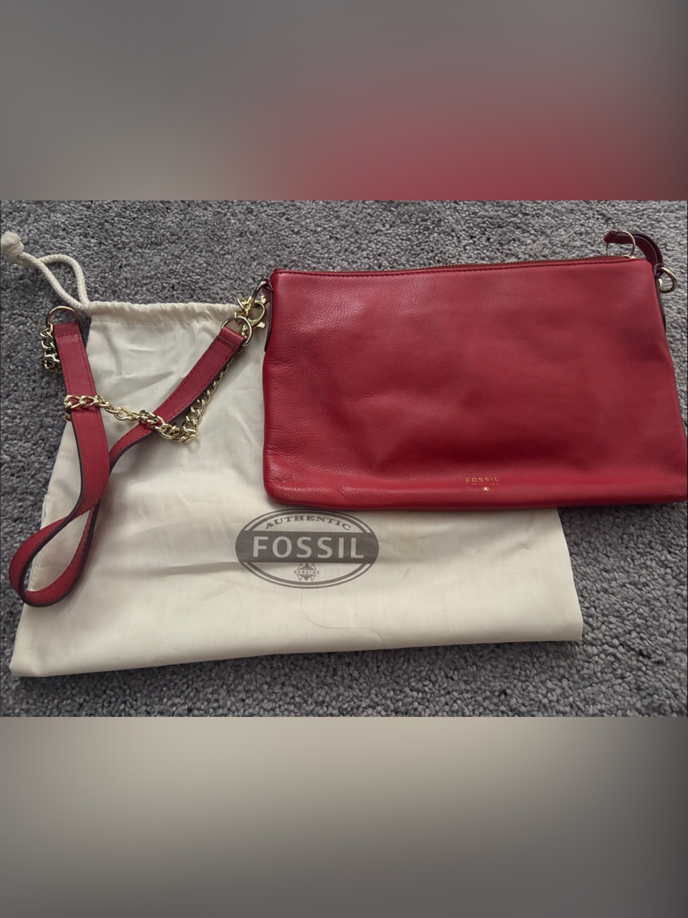 Fossil Red Leather Crossbody with Gold Chain Strap